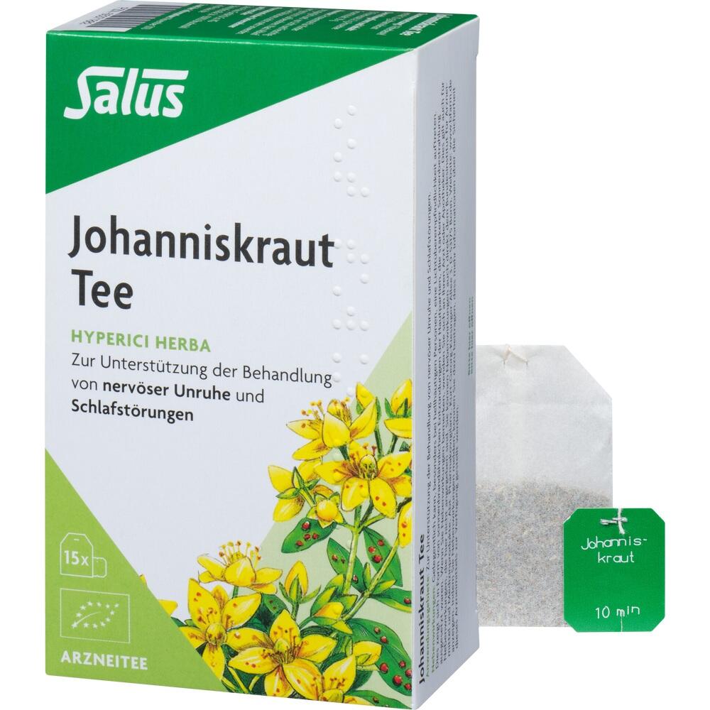 Eine Packung Johanniskrauttee mit gelben Blumen auf der Vorderseite.