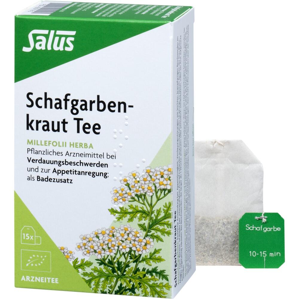 Gr&uuml;ne Packung Schafgarbenkraut Tee mit Teebeutel daneben.