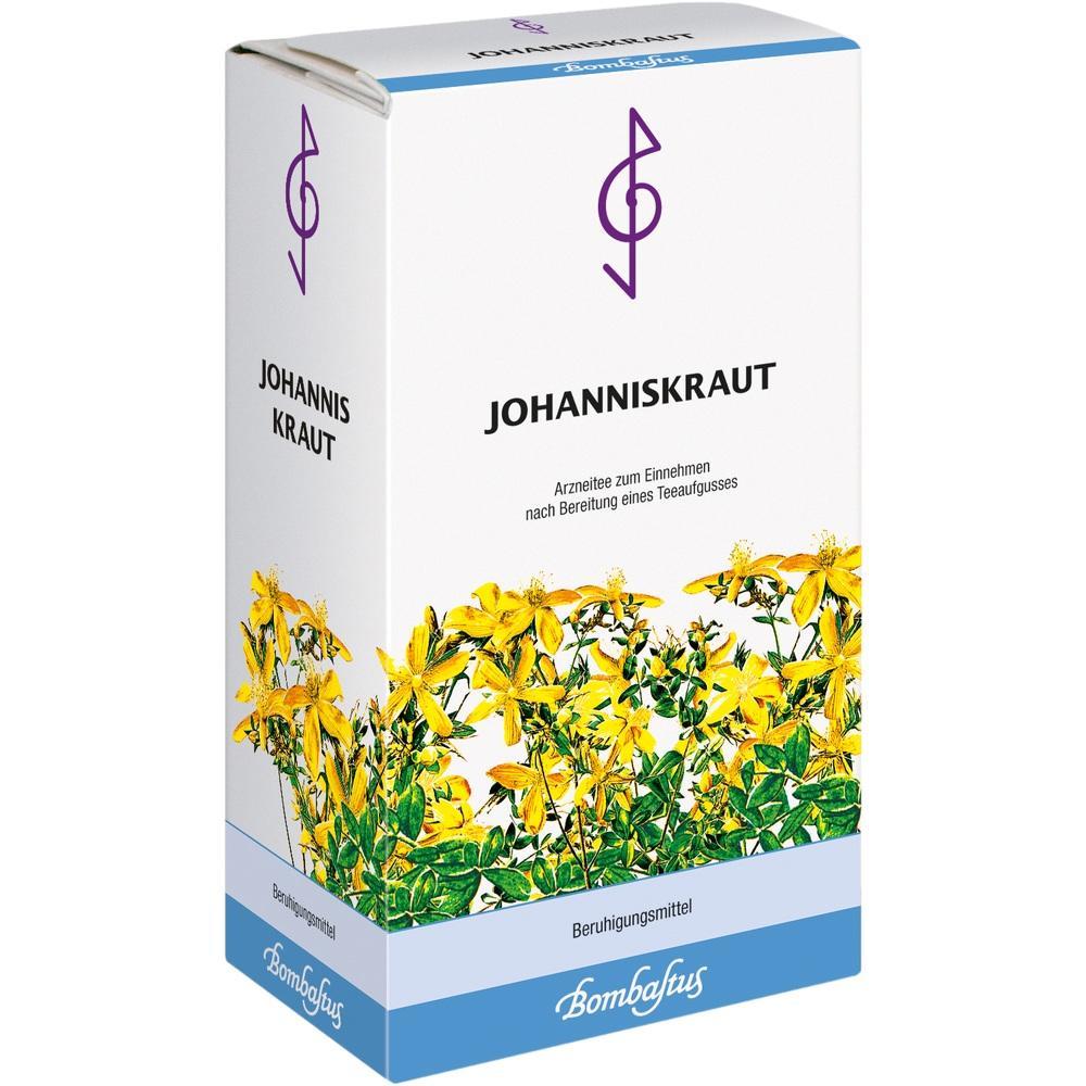 Eine Packung mit Johanniskraut-Tee zur Beruhigung, verziert mit gelben Bl&uuml;ten.