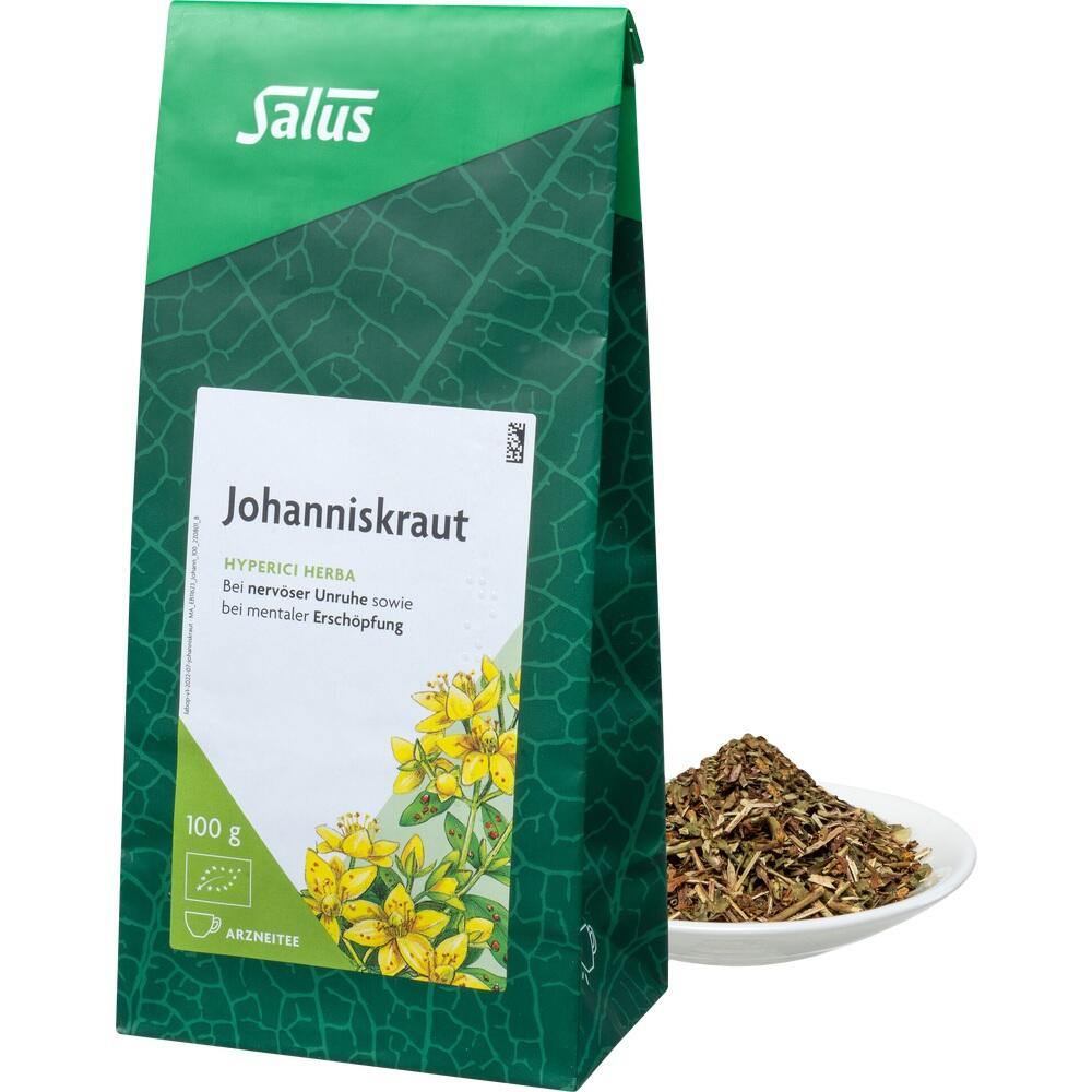 Gr&uuml;ne Packung Johanniskraut-Tee neben einer Schale getrocknetem Kraut.