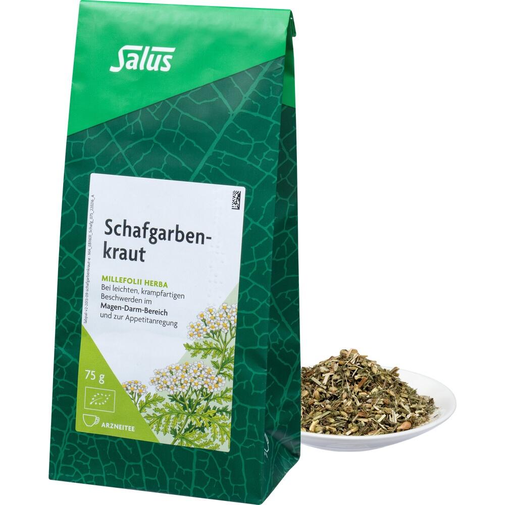 Eine gr&uuml;ne Packung mit Schafgarbenkraut steht neben einem Teller mit getrocknetem Kraut.