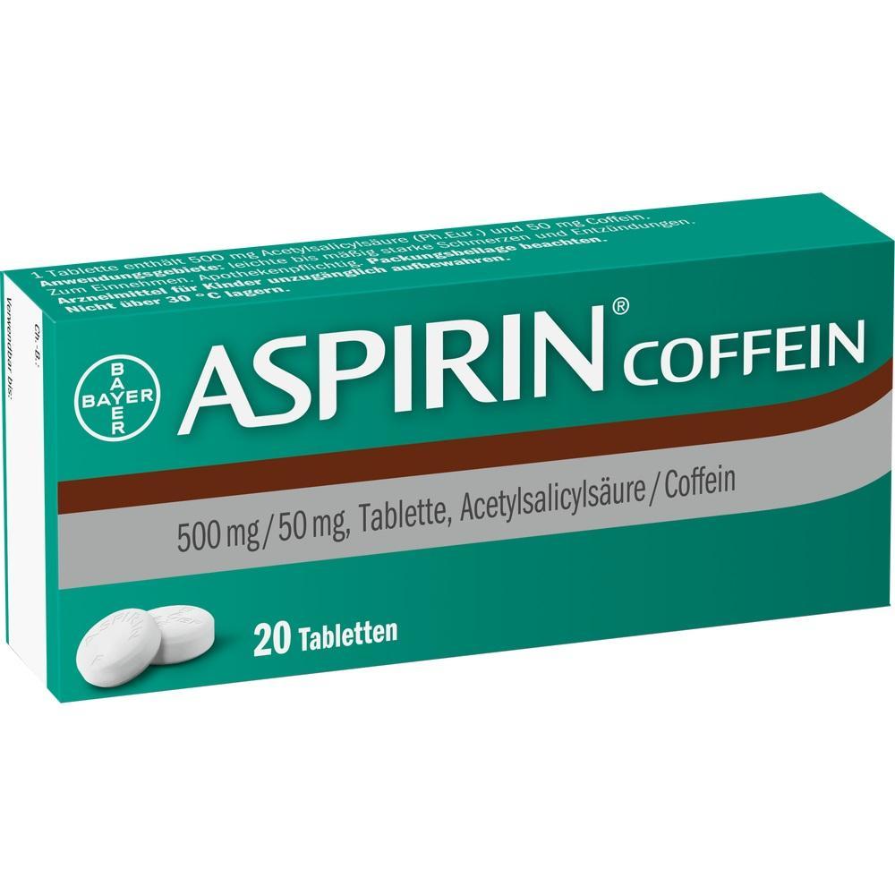 Eine gr&uuml;ne Aspirin Coffein Packung mit 20 Tabletten.