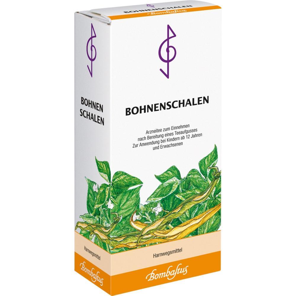 Wei&szlig;e Packung mit Aufschrift "Bohnen-Schalen" und Bild von gr&uuml;nen Bohnenpflanzen.