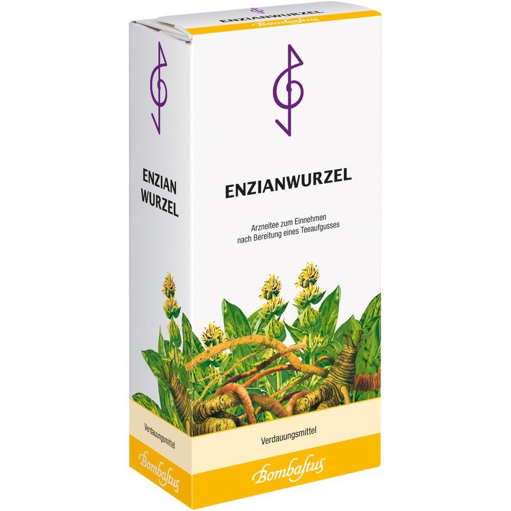 Wei&szlig;e Verpackung mit Enzianpflanze und der Aufschrift "Enzianwurzel".