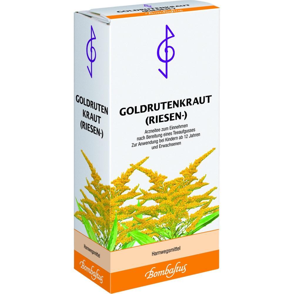 Eine wei&szlig;e Verpackung mit der Aufschrift "Goldrutenkraut (Riesen-)" und einem Bild von gelben Blumen.