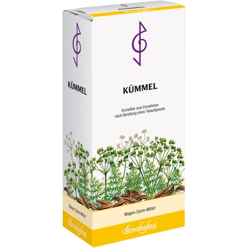 Eine Verpackung f&uuml;r K&uuml;mmeltee mit Pflanzenillustrationen auf der Vorderseite.