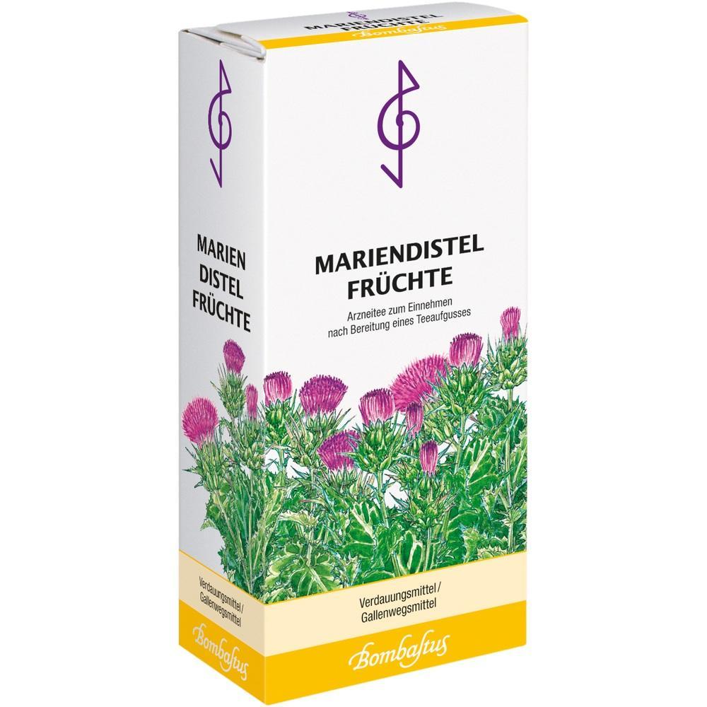 Eine Packung mit Mariendistelfr&uuml;chten, illustriert mit rosa Bl&uuml;ten.