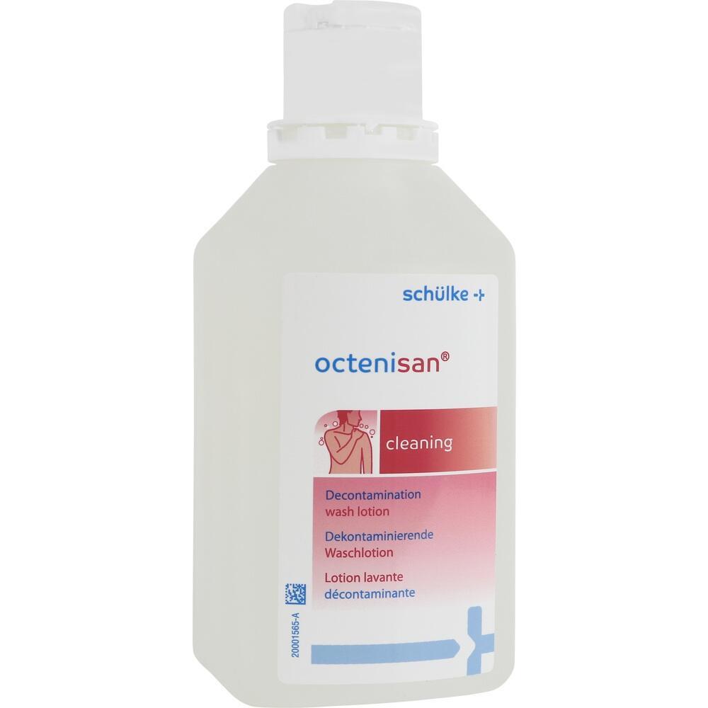 Flasche mit dekontaminierender Waschlotion namens Octenisan zur Reinigung.