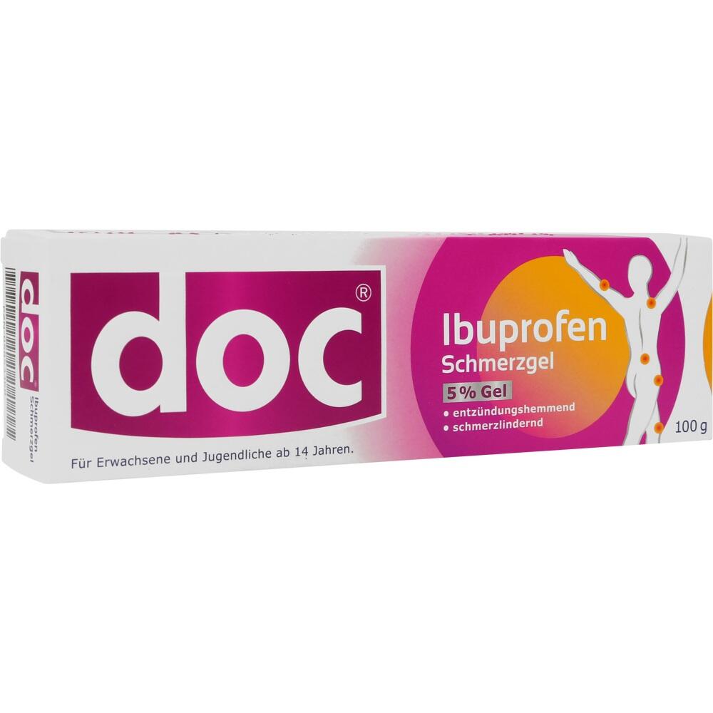 Die Verpackung zeigt "doc Ibuprofen Schmerzgel" zur Schmerzlinderung.
