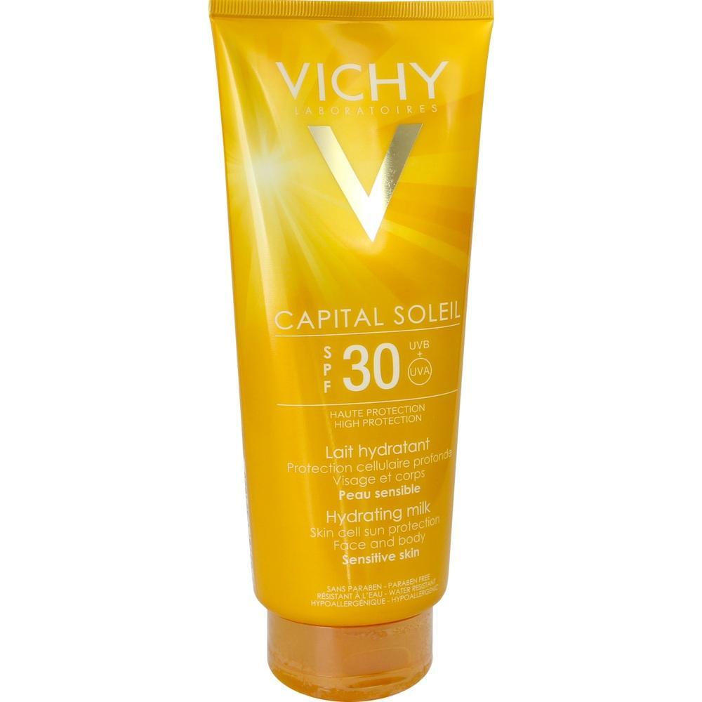 Gelbe Sonnencreme-Tube von Vichy mit Lichtschutzfaktor 30 f&uuml;r sensible Haut.