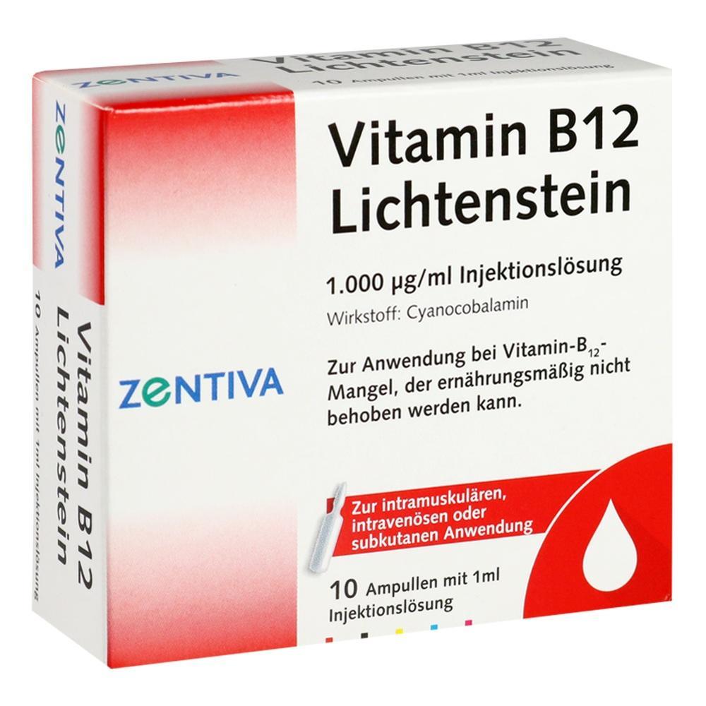Schachtel mit Vitamin B12 Injektionsl&ouml;sung f&uuml;r medizinische Anwendung.