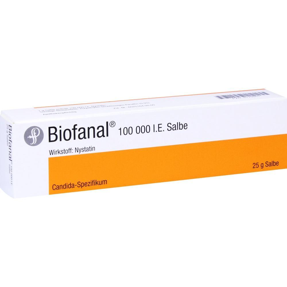 Wei&szlig;e und orangefarbene Packung mit der Aufschrift "Biofanal 100 000 I.E. Salbe".