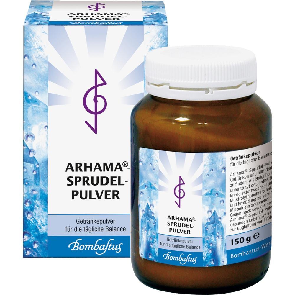 Braunes Glasgef&auml;&szlig; und Karton mit der Aufschrift "Arhama Sprudel-Pulver".