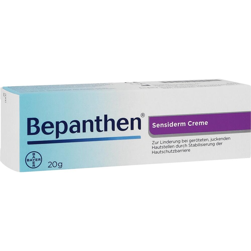 Wei&szlig;-lila Verpackung einer Bepanthen Sensiderm Creme zur Hautpflege.
