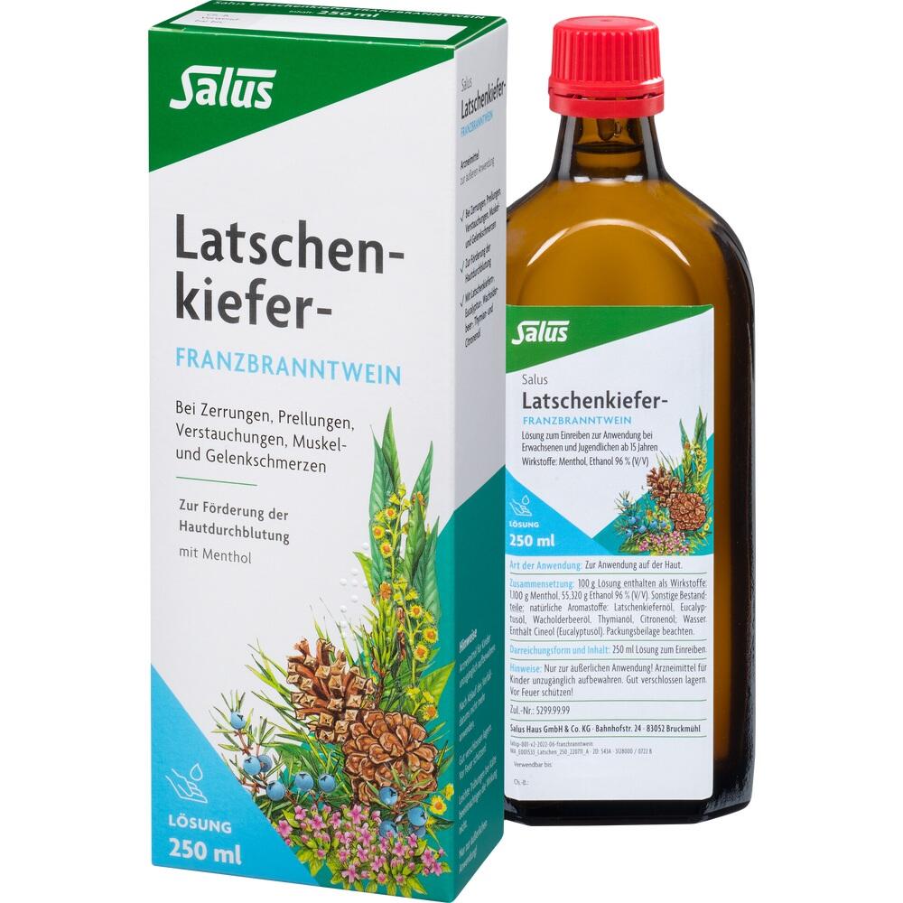 Braune Flasche und wei&szlig;er Karton von Latschenkiefer Franzbranntwein zur Schmerzlinderung.