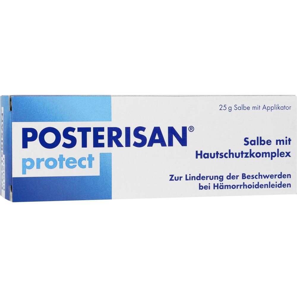 Wei&szlig;e Schachtel einer Salbe gegen H&auml;morrhoiden von Posterisan protect.