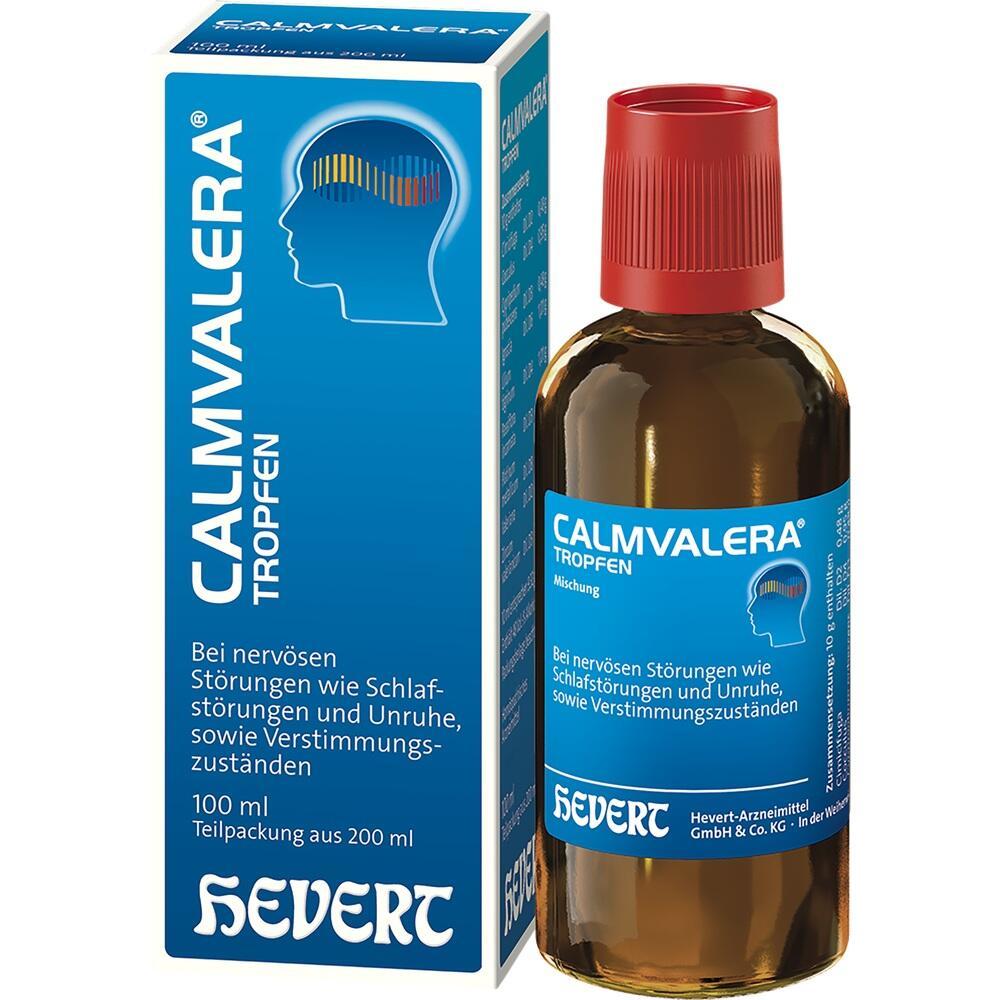 Blaue Verpackung und Flasche von Calmvalera-Tropfen gegen Unruhe und Schlafst&ouml;rungen.