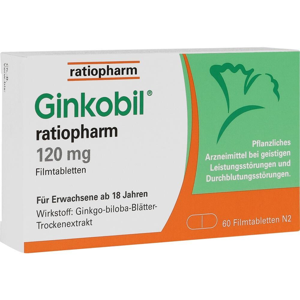 Verpackung von Ginkobil Filmtabletten mit 120 mg f&uuml;r Erwachsene ab 18 Jahren.