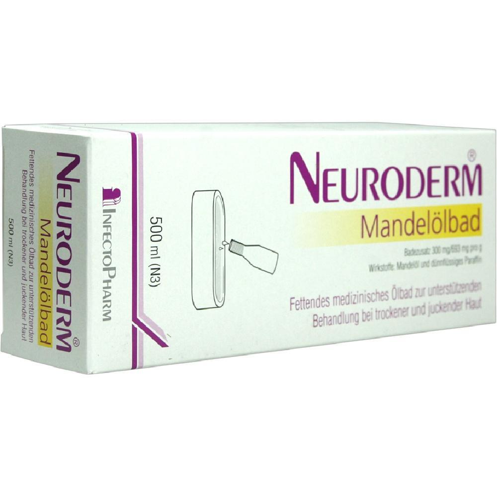 Eine wei&szlig;e Verpackung von Neuroderm Mandel&ouml;lbad mit lila und gelber Schrift.