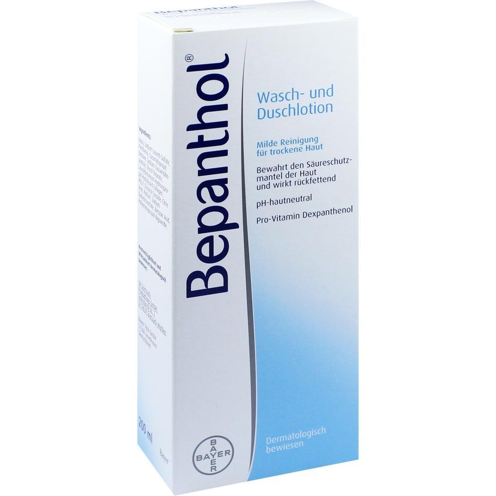 Die Packung zeigt eine Bepanthol Wasch- und Duschlotion f&uuml;r trockene Haut.