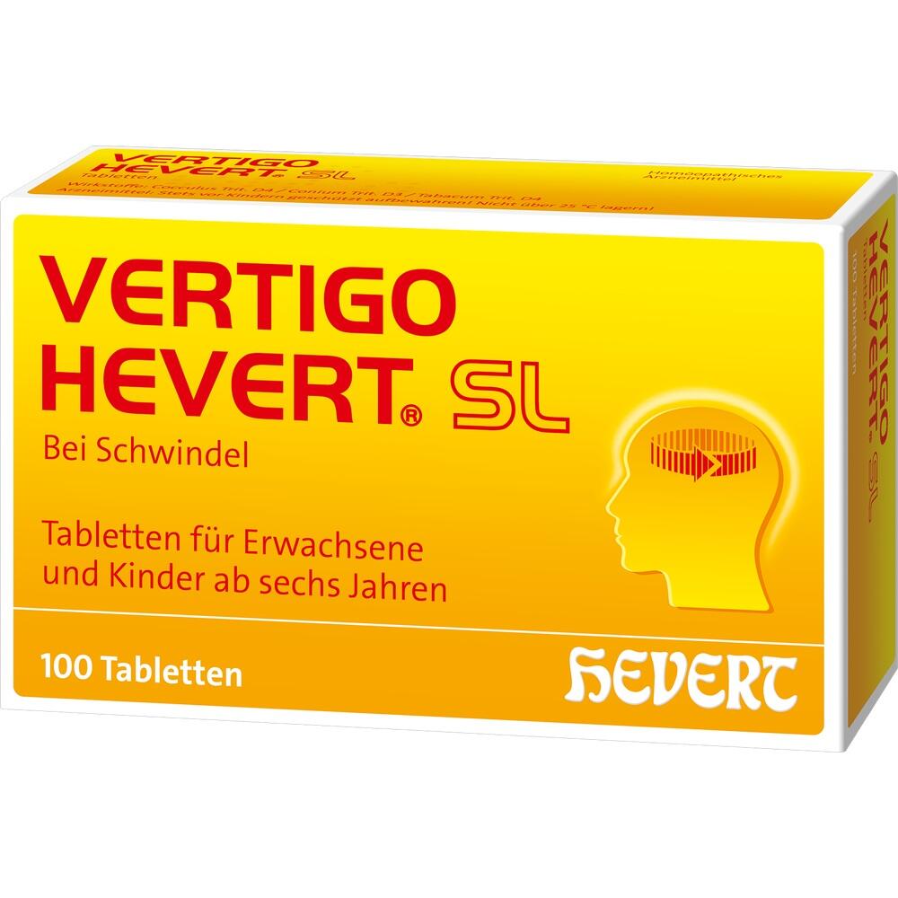 Gelbe Packung "Vertigo Hevert SL" Tabletten gegen Schwindel.