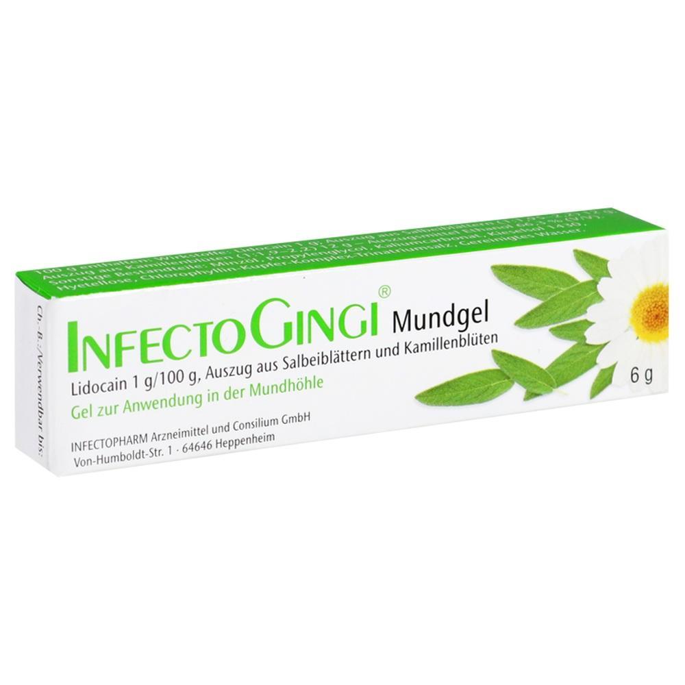 Gr&uuml;ne Packung mit der Aufschrift "InfectoGingi Mundgel" und einem Kamillenbild.