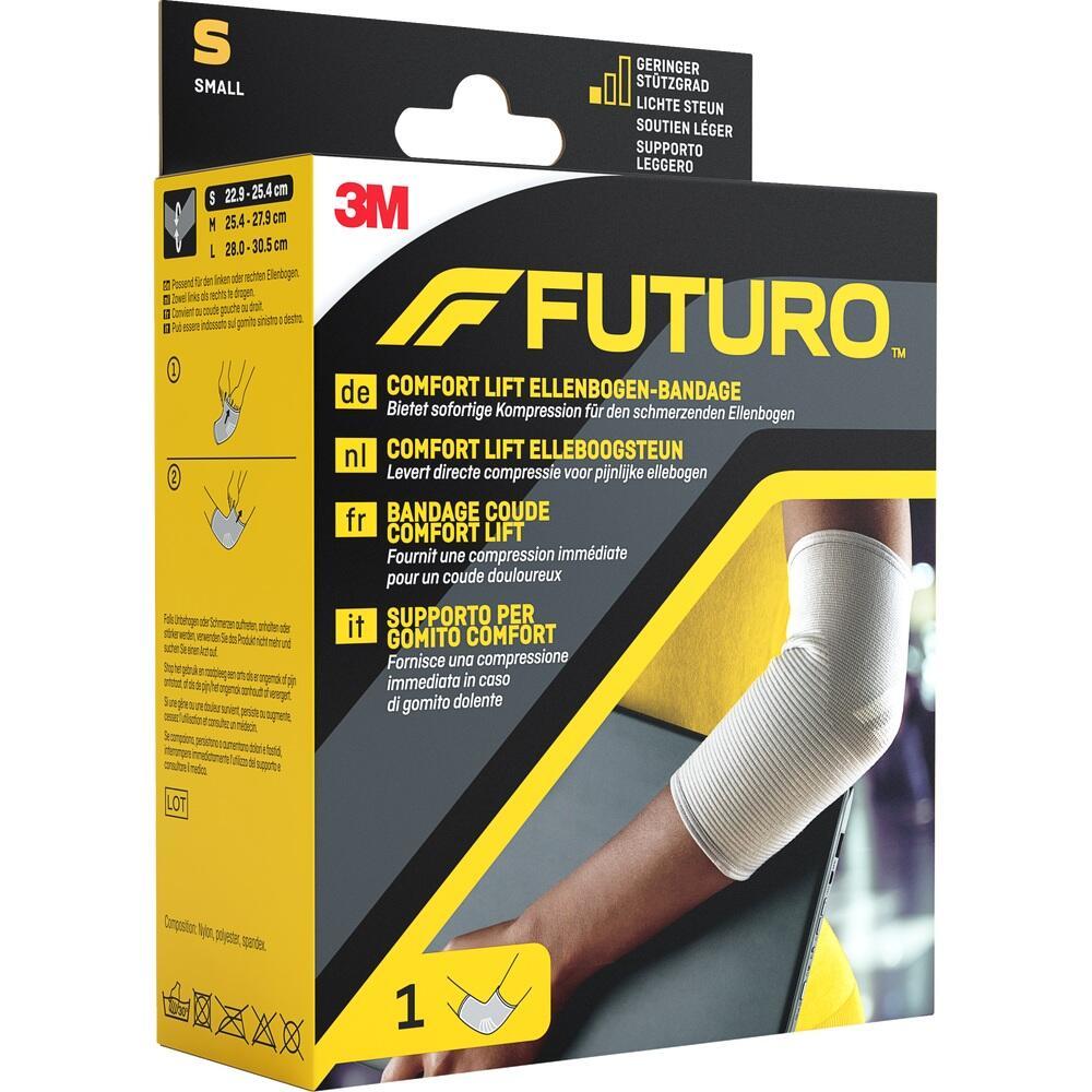 Gelbe Verpackung mit einer Bandage f&uuml;r den Ellenbogen und Text in verschiedenen Sprachen.