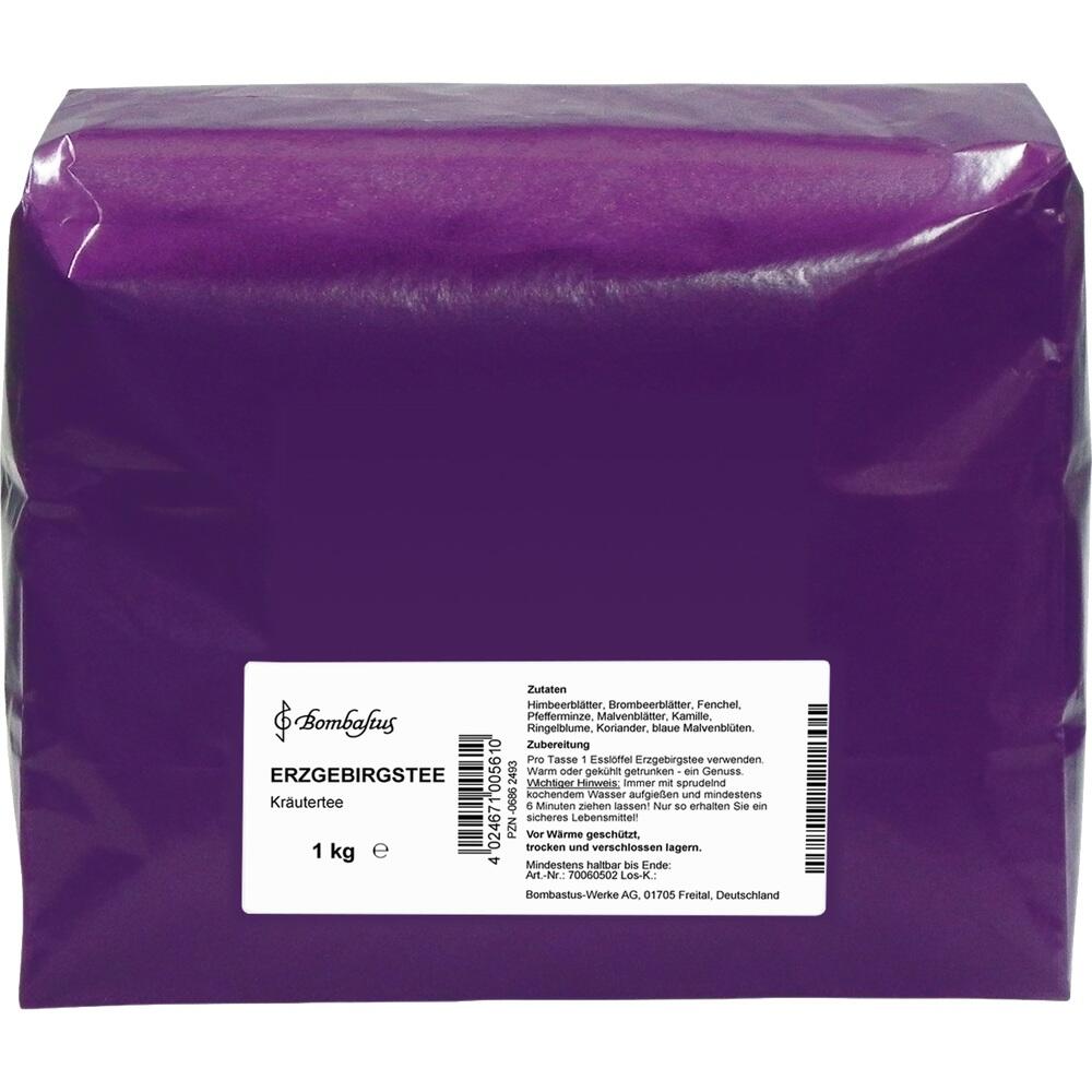 Lila Teepackung mit der Aufschrift "Erzgebirgstee, Kr&auml;utertee, 1 kg".