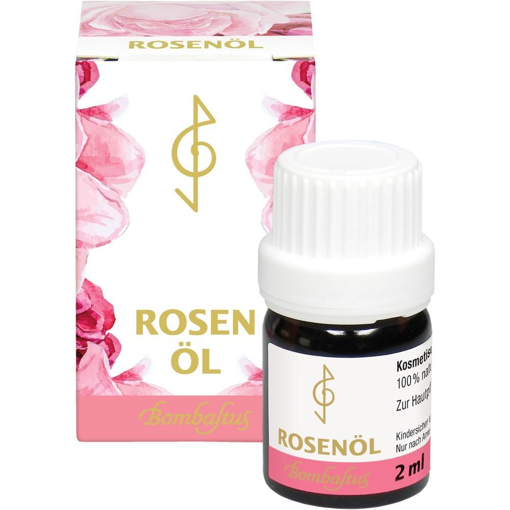 Kleine Flasche Rosen&ouml;l mit bunter Verpackung und rosafarbenen Blumen.