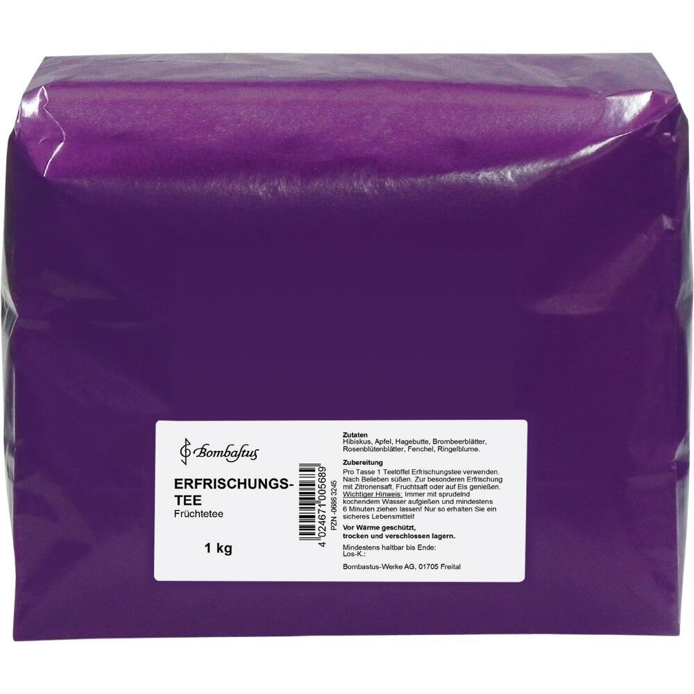 Lila Teepackung mit Etikett "Erfrischungs-Tee, Fr&uuml;chtetee, 1 kg".