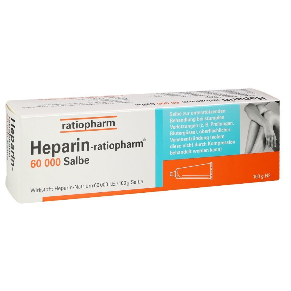 Eine Schachtel Heparin-ratiopharm Salbe gegen Prellungen und Bluterg&uuml;sse.