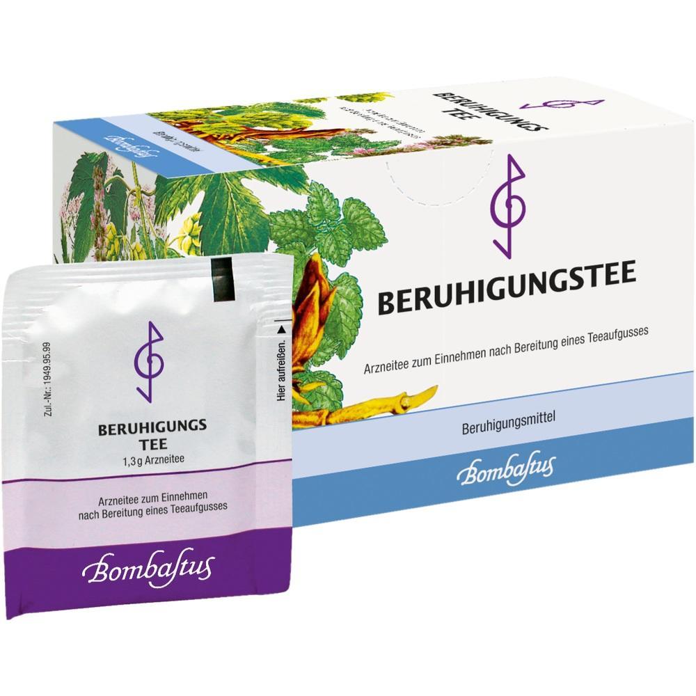 Verpackung und Teebeutel f&uuml;r beruhigenden Kr&auml;utertee mit Pflanzenmotiv.