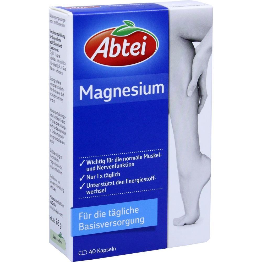 Verpackung von Abtei Magnesium mit Bein und Hand, 40 Kapseln zur t&auml;glichen Versorgung.