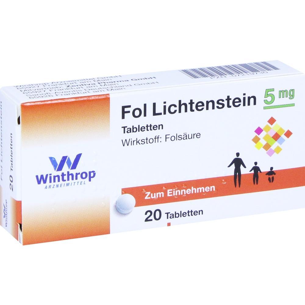Verpackung von Fol Lichtenstein Tabletten, 20 St&uuml;ck, mit Fols&auml;ure.