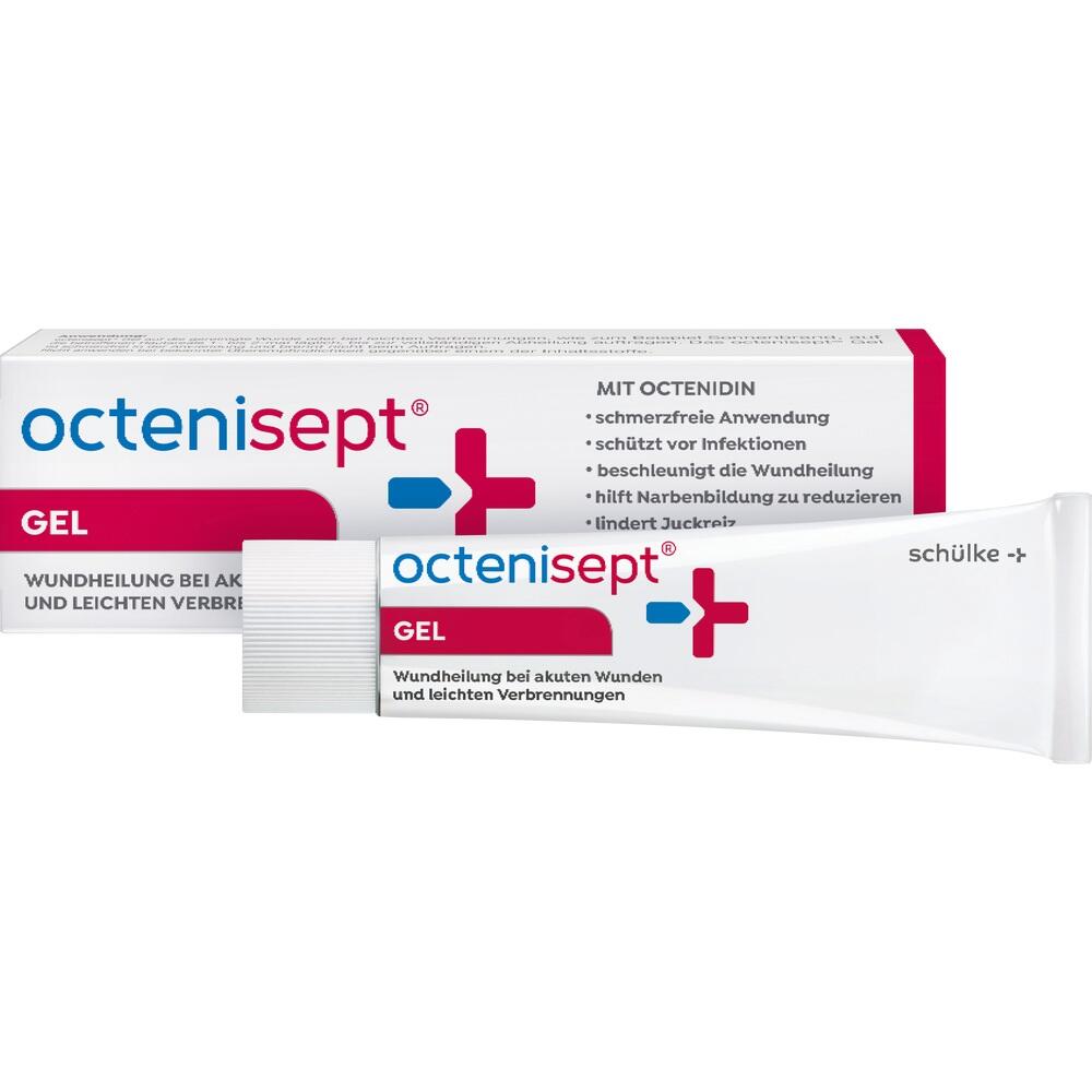 Eine Tube Octenisept-Gel neben der zugeh&ouml;rigen Verpackung.