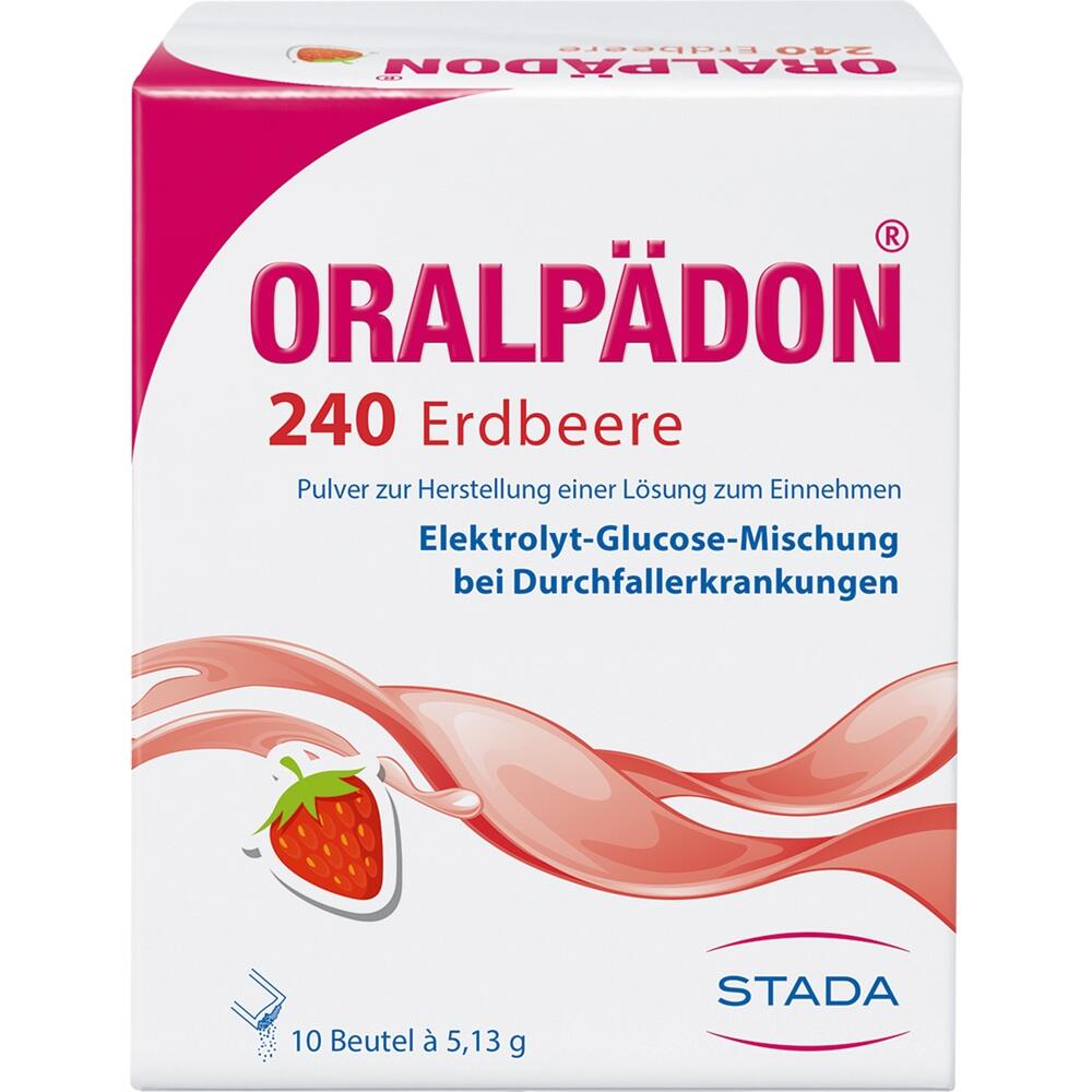 Wei&szlig;e Verpackung von Oralp&auml;don Erdbeere, Elektrolyt-Glucose-Mischung bei Durchfall.