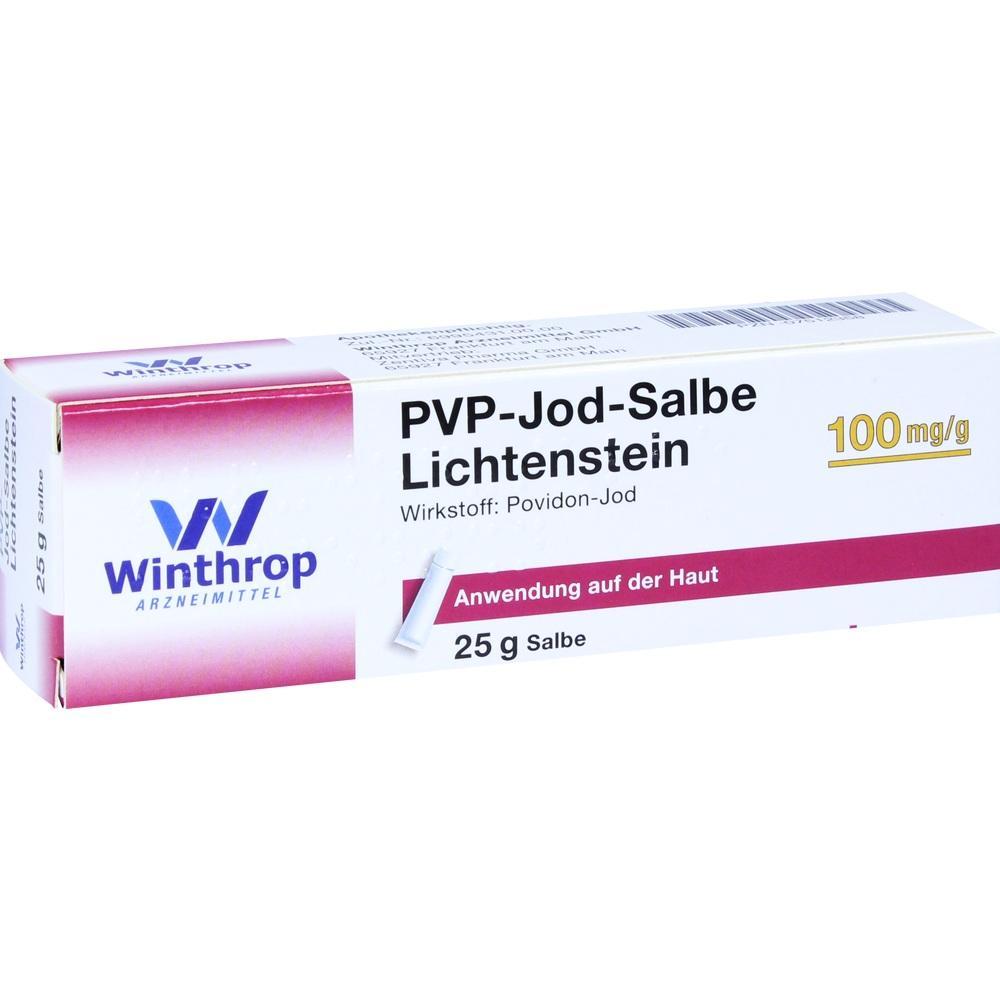 Wei&szlig;e Verpackung einer PVP-Jod-Salbe mit 25 g Inhalt zur Hautanwendung.