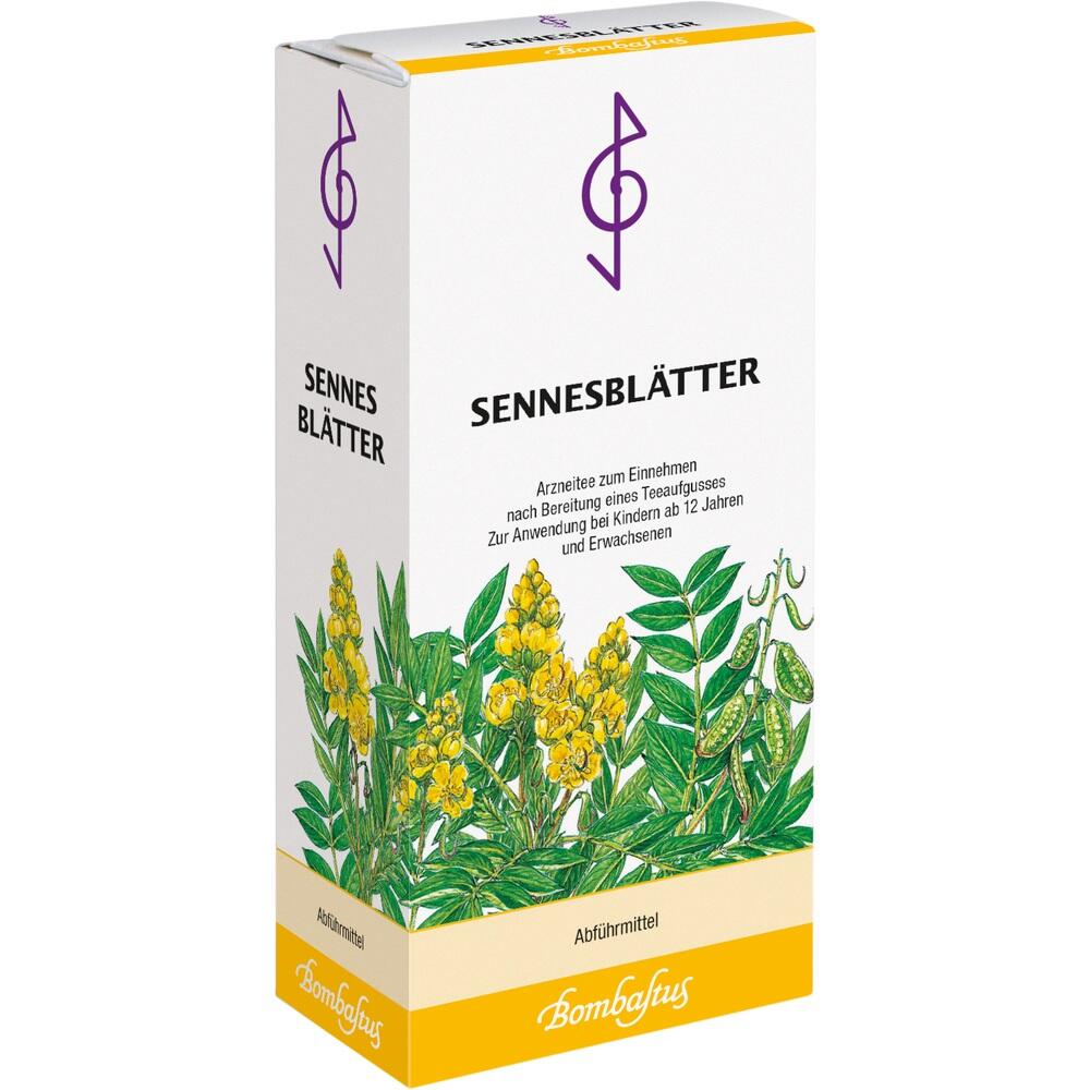 Eine Schachtel Sennesblätter-Tee mit einem Bild von gelben Blüten und grünen Blättern.