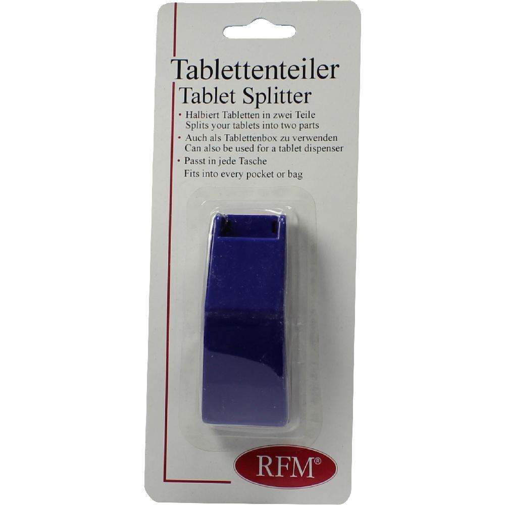 Blauer Tablettenteiler in Verpackung zur einfachen Tablettenteilung.