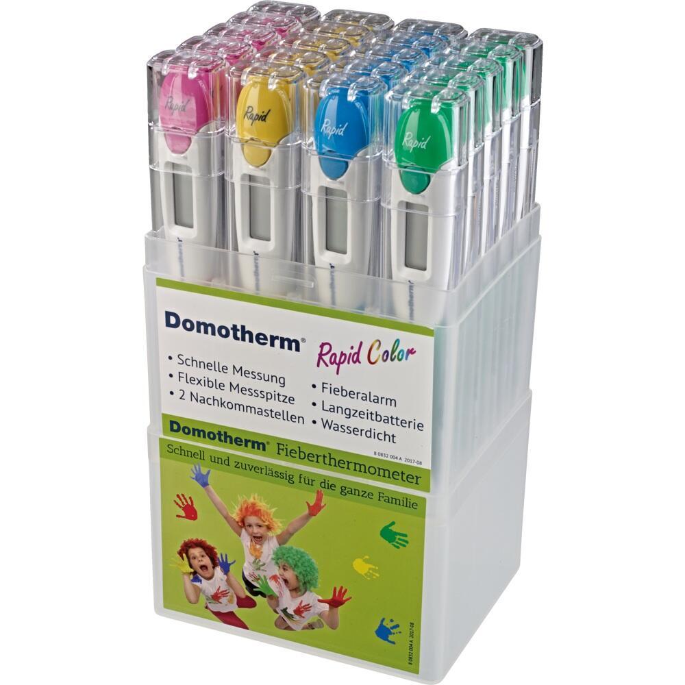 Ein Set bunter Fieberthermometer von Domotherm in einer Verpackung.