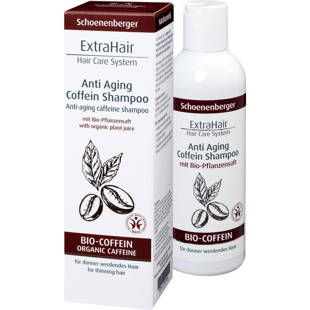 Eine Flasche und eine Schachtel Anti-Aging Koffein-Shampoo.