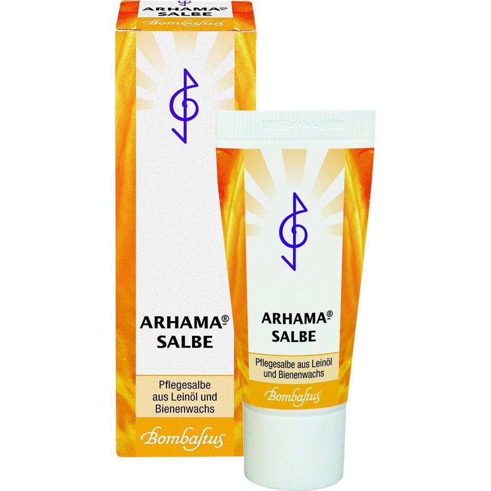 Eine gelb-weiße Tube Arhama-Salbe steht vor der passenden Verpackung.