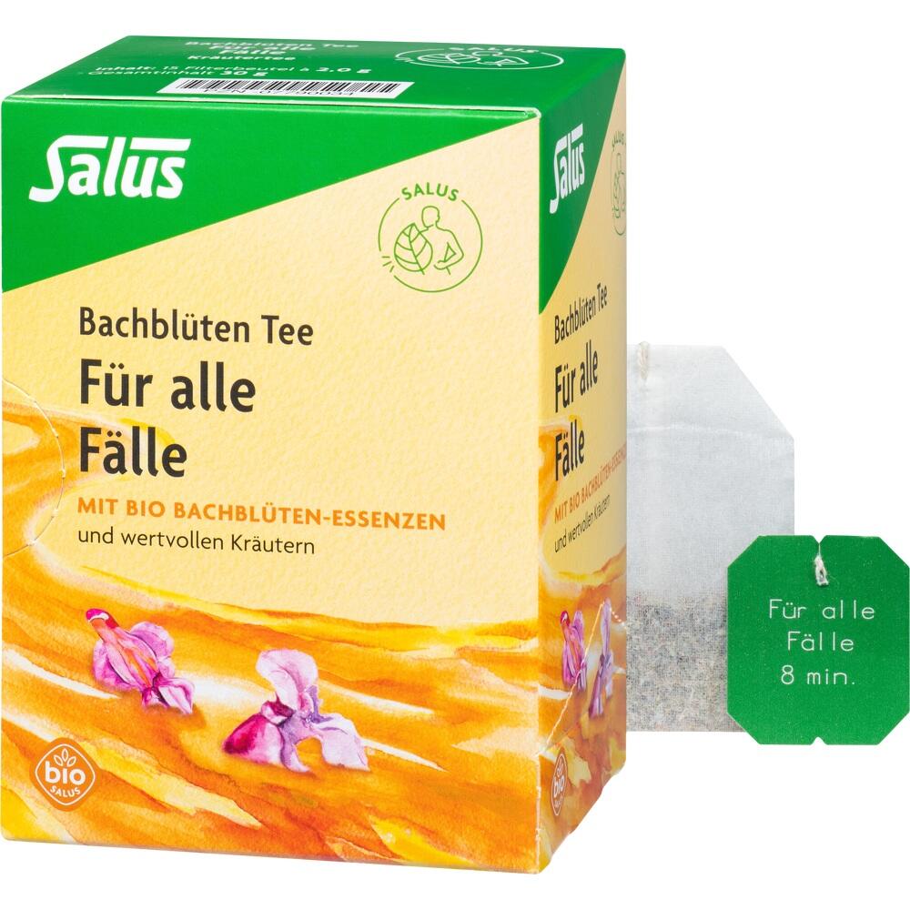 Eine Schachtel Bachbl&uuml;ten-Tee mit Teebeutel daneben.