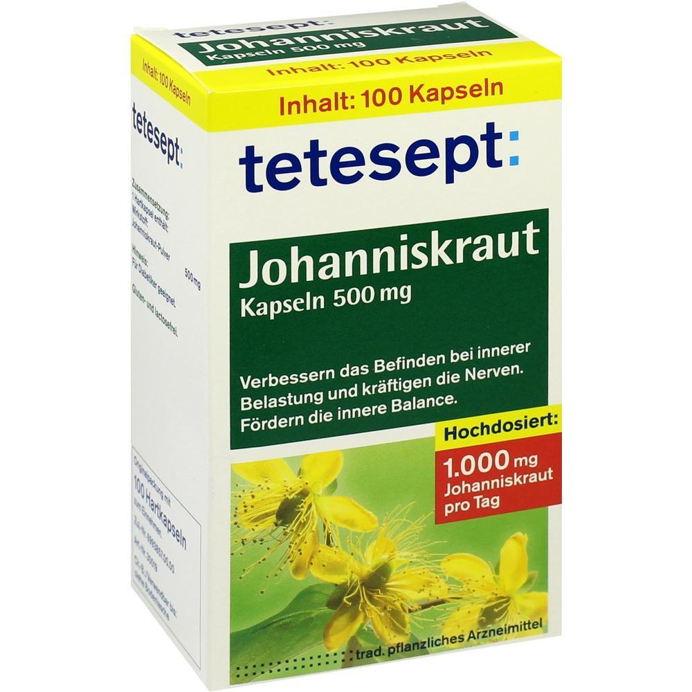 Verpackung von Tetesept Johanniskraut Kapseln 500 mg, 100 St&uuml;ck, zur St&auml;rkung der Nerven.