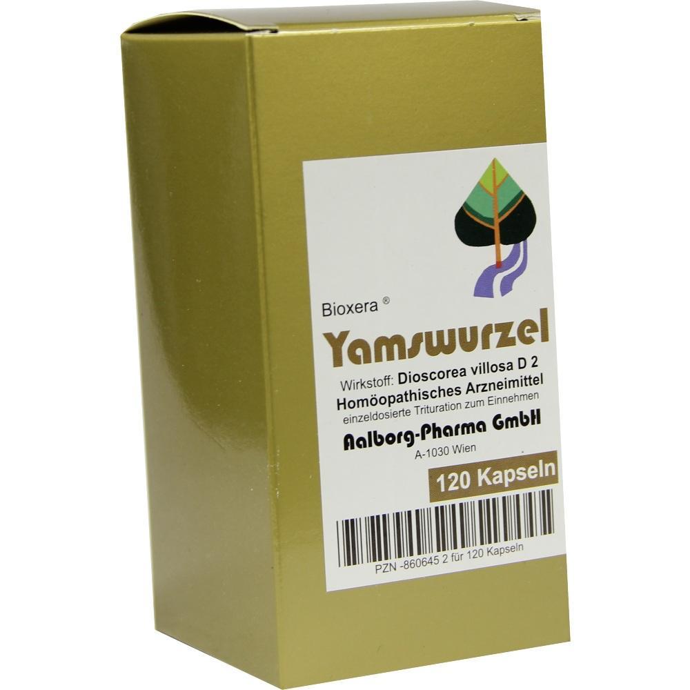 Goldene Schachtel mit der Aufschrift "Yamswurzel" und Informationen zur Anwendung.