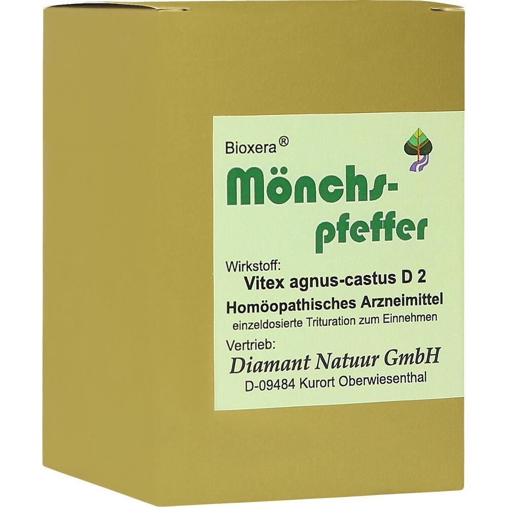 Gelbe Verpackung mit der Aufschrift "M&ouml;nchspfeffer", einem hom&ouml;opathischen Mittel.