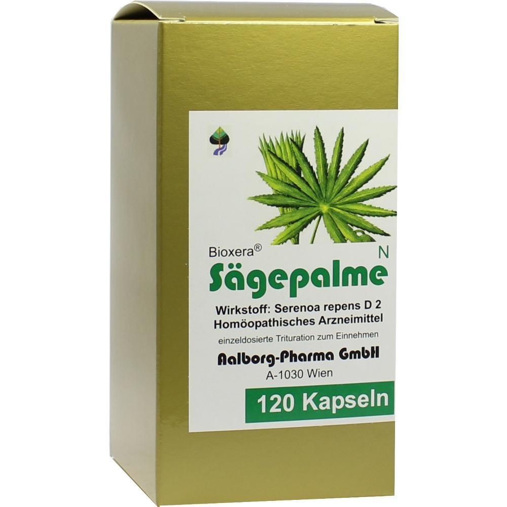 Gr&uuml;ne Verpackung mit dem Text "S&auml;gepalme" und Bild einer Pflanze, enth&auml;lt 120 Kapseln.