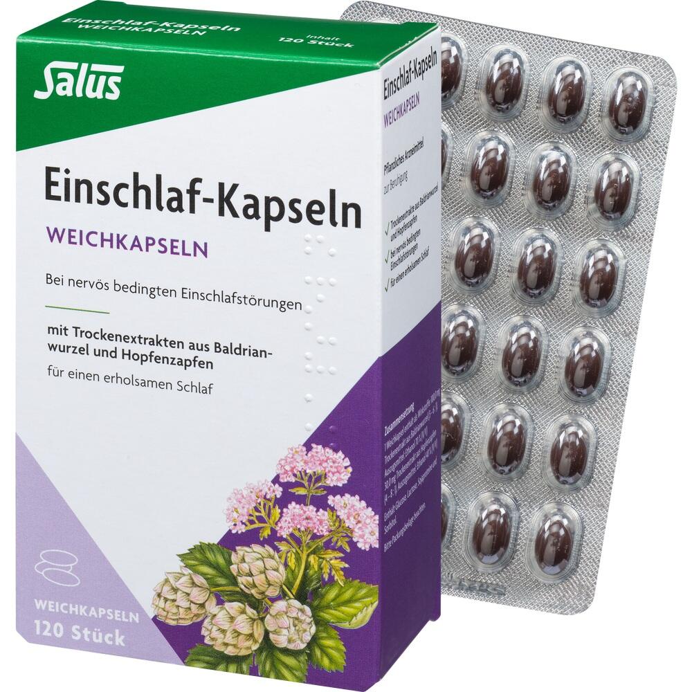 Gr&uuml;ne und lilafarbene Verpackung mit Einschlaf-Kapseln und Blumenbild.
