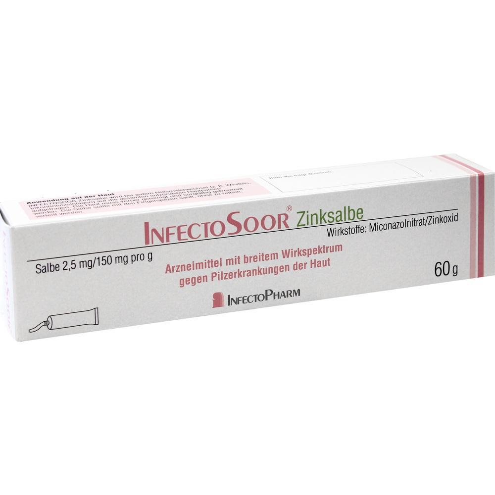 Eine Verpackung von InfectoSoor Zinksalbe zur Behandlung von Hautpilzen.