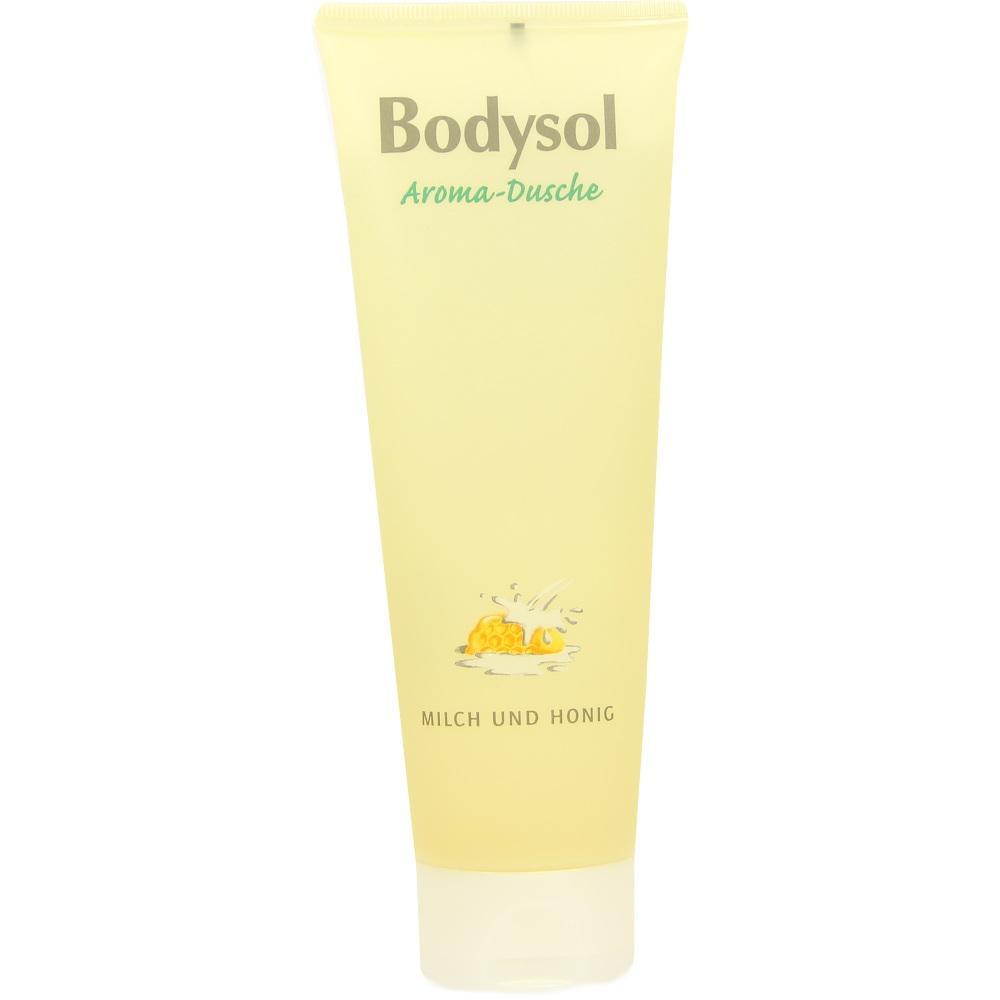 Gelbe Duschgelflasche mit der Aufschrift "Bodysol Aroma-Dusche Milch und Honig".